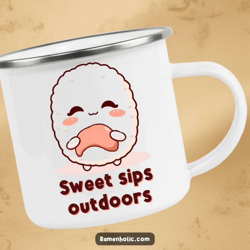 Funny Kawaii Rice Ball Camping Mug with a blushing character receiving a sweet treat, perfect for travel.