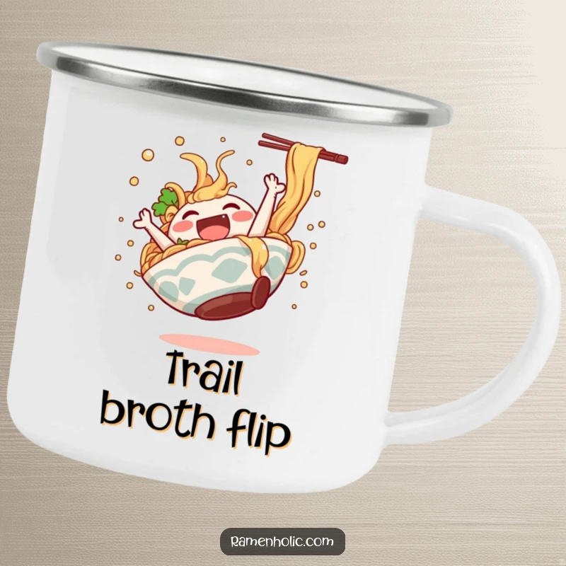 Funny ramen bowl character doing a happy somersault, broth splashing, on a sturdy camping mug.