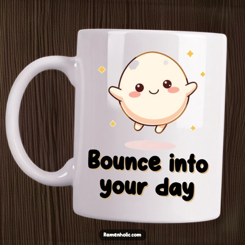 Funny Mochi Bounce Mug featuring a delightful mochi character energetically bouncing like a ball with a happy expression.