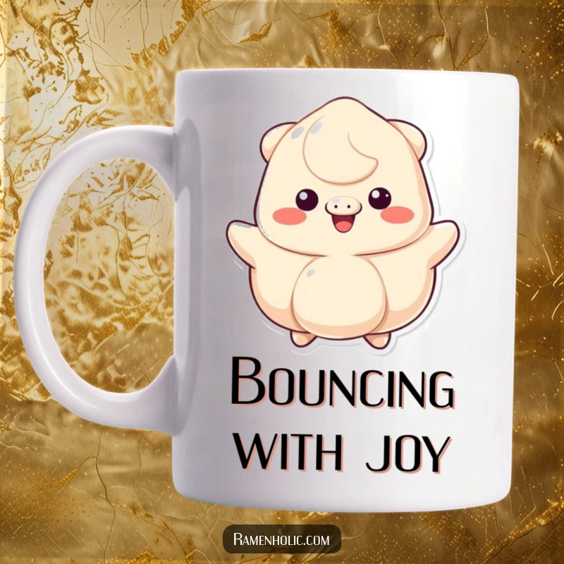 Funny mug with a bouncing dumpling character, sporting a huge cheerful grin, radiating pure joy and cartoon food happiness.