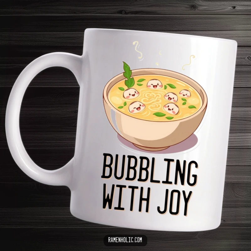 Funny mug featuring a plump bowl of broth bubbling with laughter, with tiny noodle characters swimming happily within, pure cartoon comfort.
