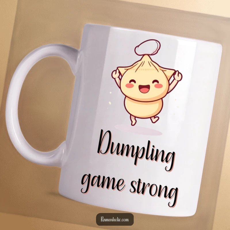 Funny mug showing a pair of anthropomorphic chopsticks playfully tapping a happy dumpling, capturing a moment of lighthearted cuisine interaction.
