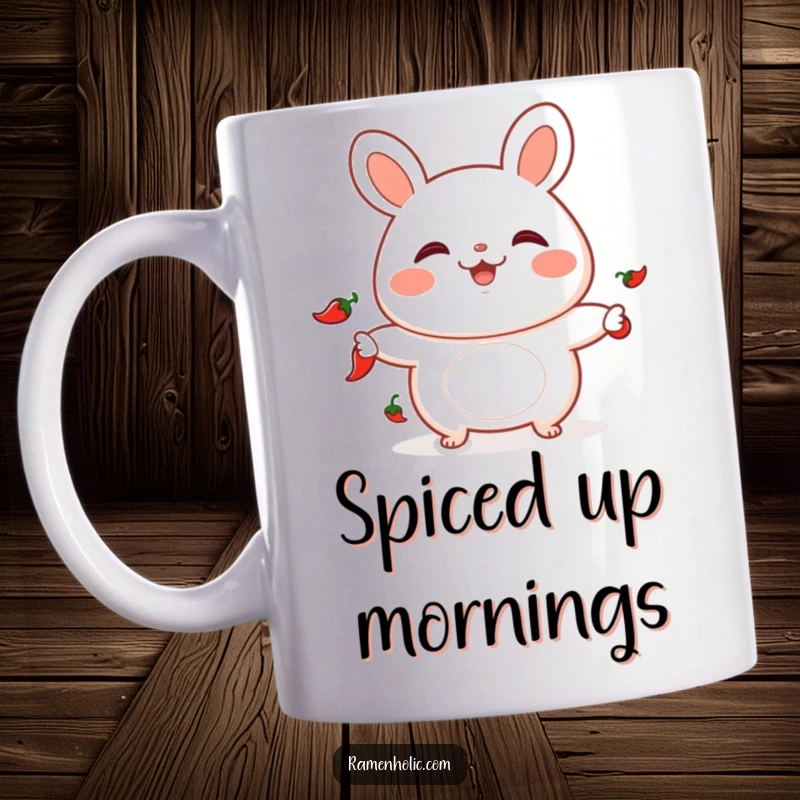 Funny mug with a playful bao bun juggling chili peppers, perfect for those who love spicy food and fun.