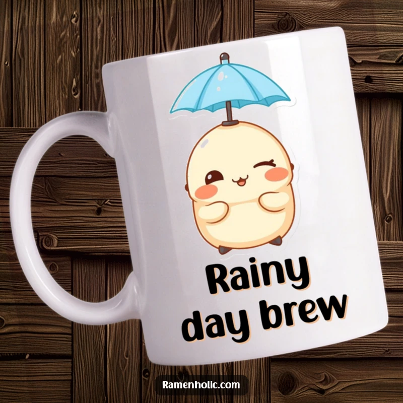 Funny cheeky dumpling winking while balancing a tiny umbrella on its head, on a coffee mug.