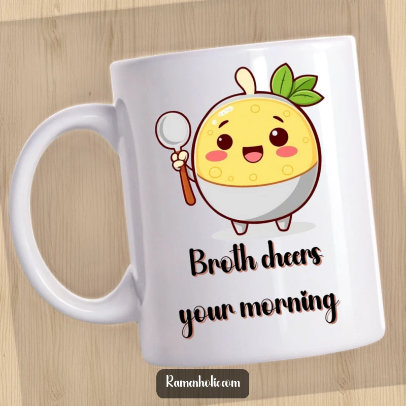 Funny cheerful broth character waving hello with a ladle, depicted on a mug, radiating warmth and friendliness.