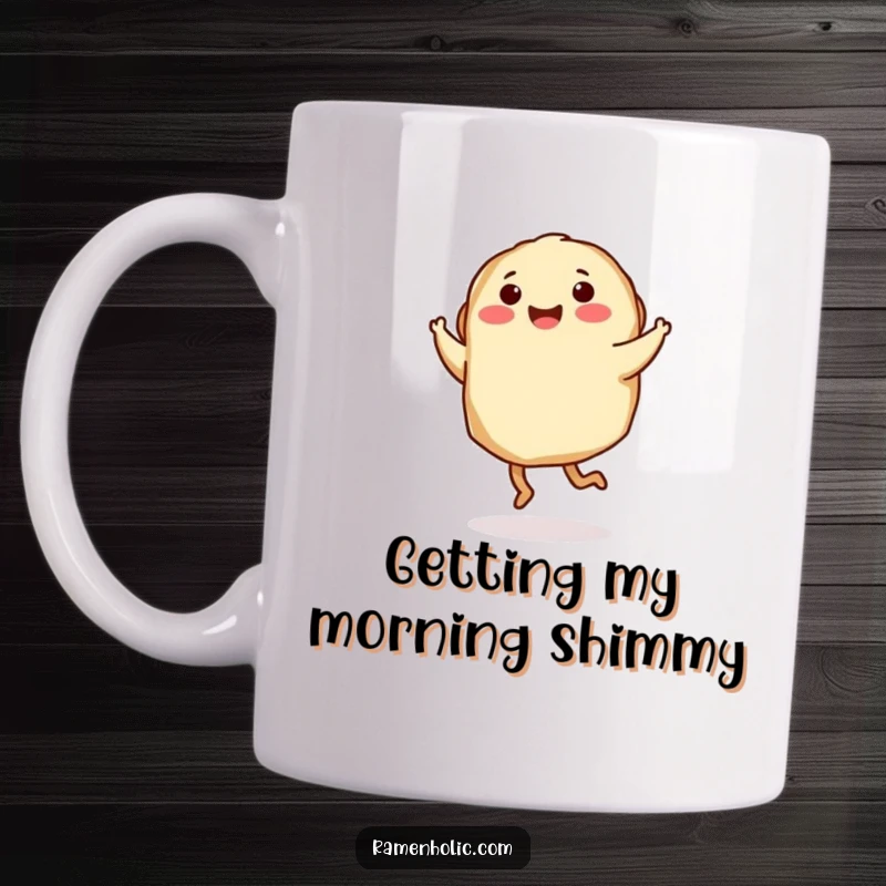Funny Mug: A gyoza character with little legs joyfully dances and twirls, full of energetic fun.