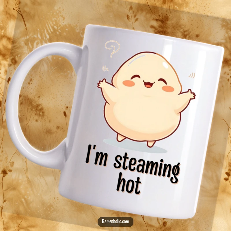 Funny mug featuring a plump, jigging dumpling character with steam rising playfully, embodying pure cartoon happiness and delicious delight.