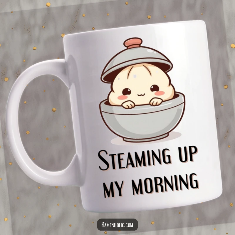 Funny dumpling mug featuring a shy dumpling peeking from behind a steaming lid, exuding warmth and cuteness.