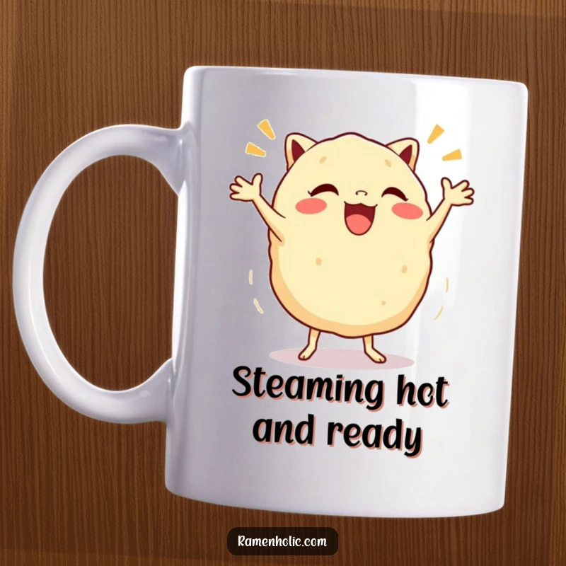Funny Gyoza Jig Mug featuring a cheerful dumpling character energetically dancing with a joyful expression, perfect for a laugh.
