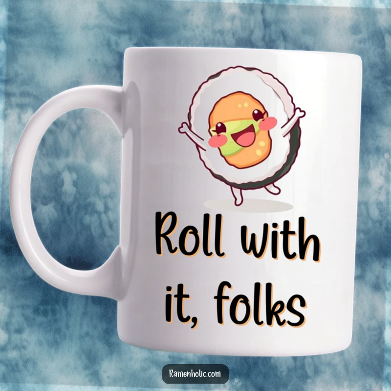 Funny mug featuring a happy sushi roll character mid-cartwheel, radiating pure joy and energetic fun with its toppings flying.