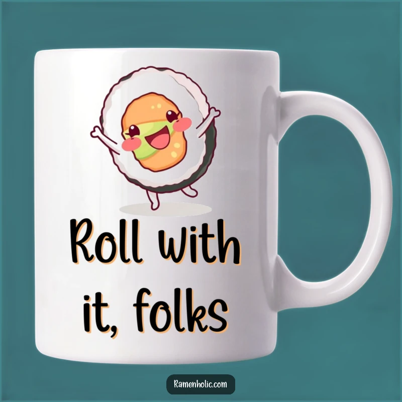Funny Happy Sushi Roll Cartwheel Mug, Energetic Foodie Gift Idea