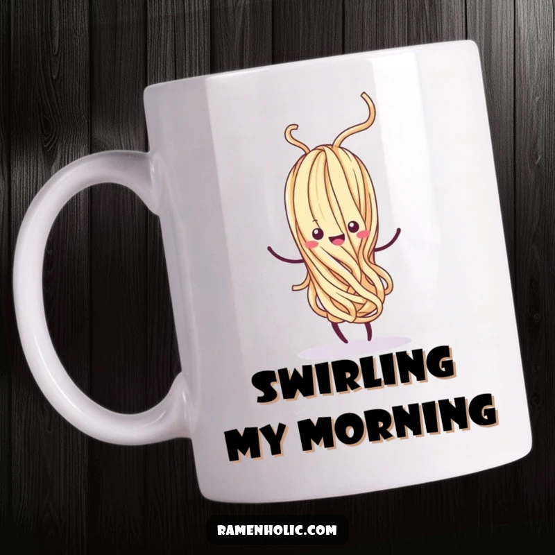 Funny Kawaii noodle strand doing a whimsical dance, with a happy swirl, looking joyful and fluid, a delightful food character, perfect funny gift.