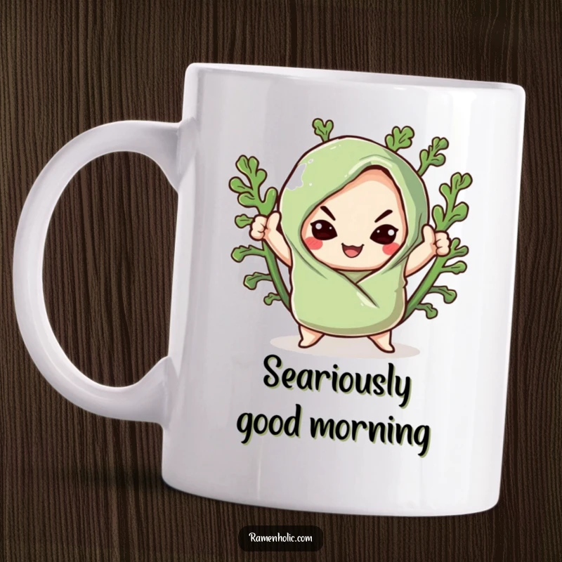 Funny mug with a kawaii seaweed wrap in a dramatic pose, sporting a smug smile, ready to conquer the day with sushi style.