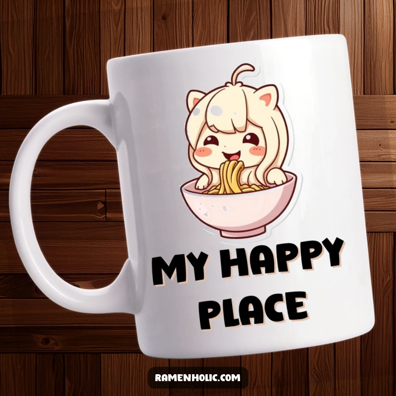 Funny noodle character mug, happily slurping from its own bowl, showcasing pure joy and deliciousness.