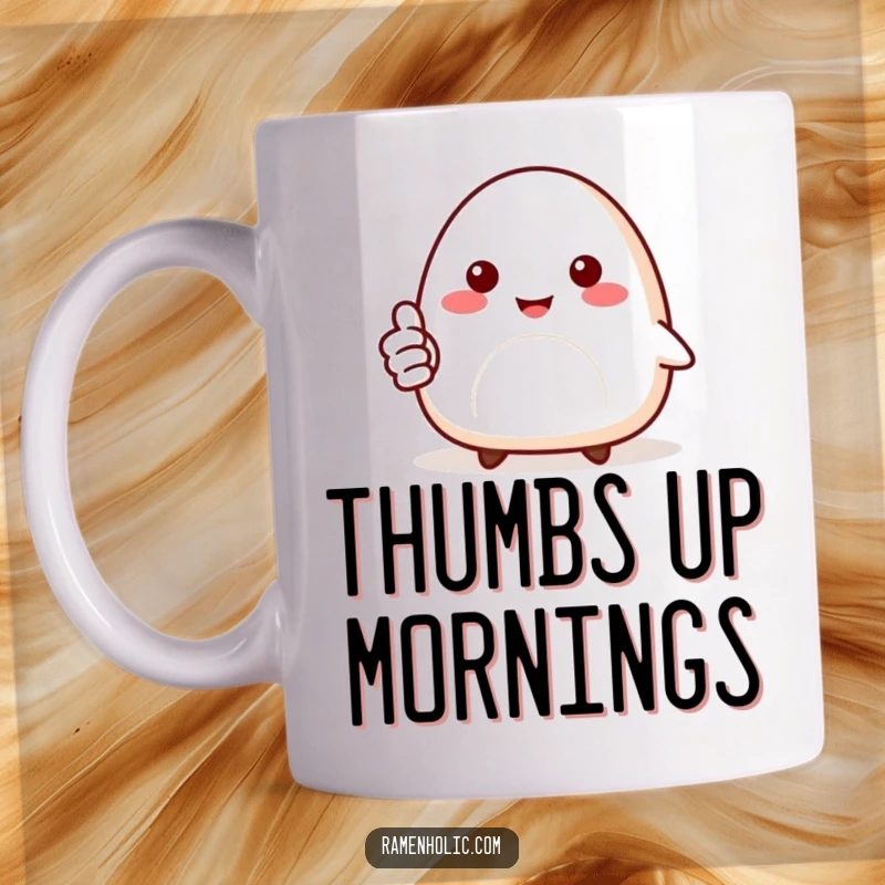 Funny mug featuring a smiling onigiri character giving a thumbs up, radiating positivity and delicious cartoon food charm.