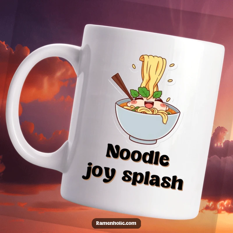 Funny mug featuring a happy ramen bowl character with noodles joyfully splashing upwards, radiating delicious fun.