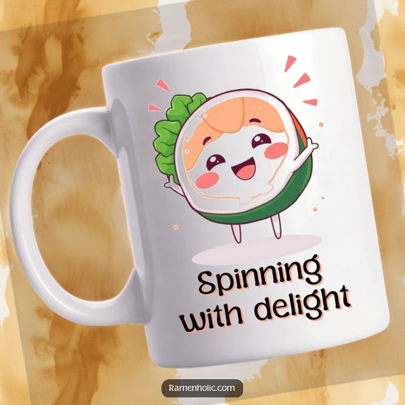 Funny Sashimi Spin Mug featuring a joyful sashimi slice character performing a celebratory spin with a happy expression.