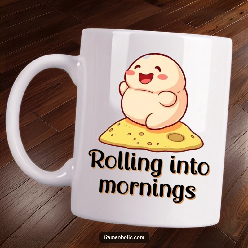 Funny mug featuring a smiling dumpling character joyfully rolling down a hill, perfect for dim sum enthusiasts.