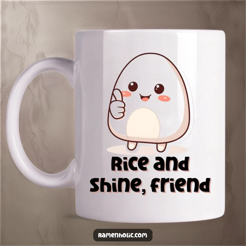 Funny mug with a cheerful onigiri character smiling broadly and giving a confident thumbs up, radiating positivity and deliciousness.