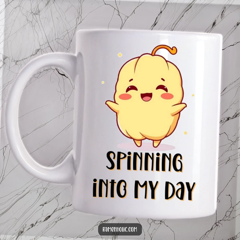 Funny mug featuring a tempura character joyfully spinning, depicting energetic fun and delicious cartoon food.