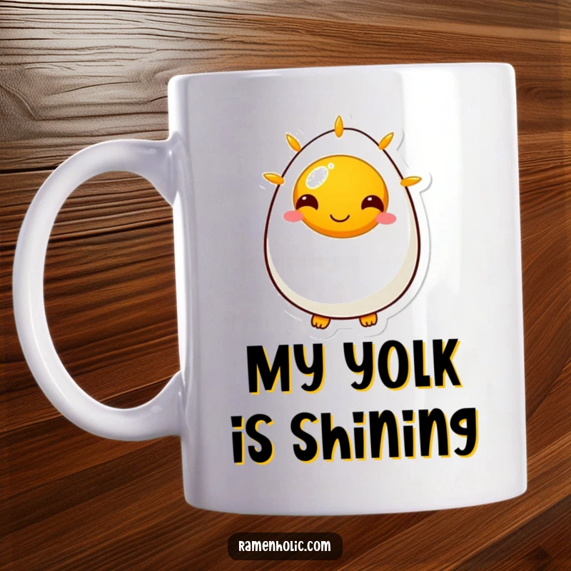 Funny mug featuring a bright yellow egg character with a wide, sunny side up smile, radiating pure joy and happiness.