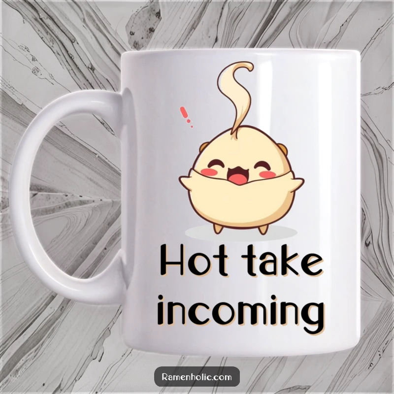 Funny surprised gyoza mug, showing a character wide-eyed with steam puffing out, conveying hilarious shock.