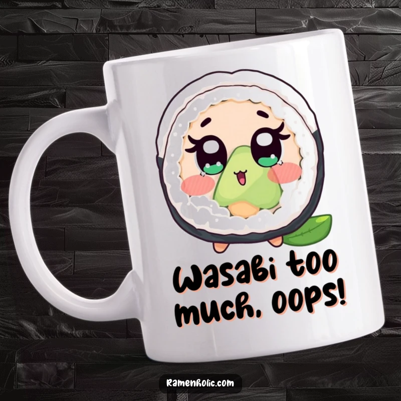 Funny mug featuring a surprised sushi roll with wide eyes and a blush, looking shocked and adorable, perfect for humor lovers.