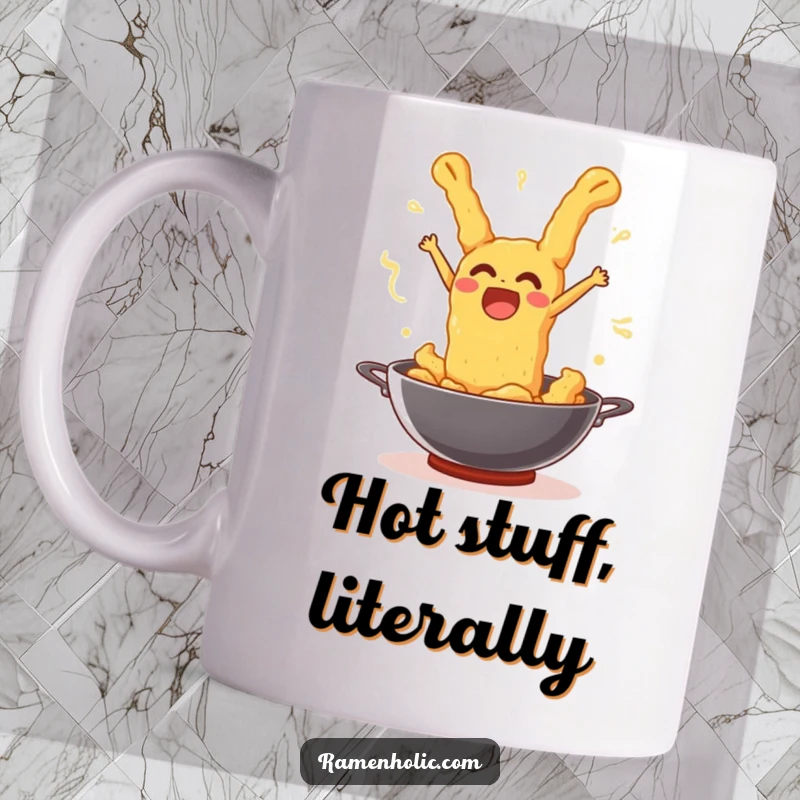 Funny tempura piece joyfully leaping out of a steaming wok with a surprised expression on a coffee mug.