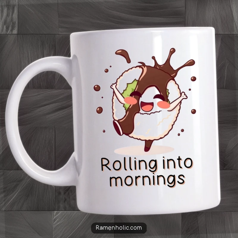 Funny mug featuring a cheerful sushi roll character doing a cartwheel with soy sauce splashing happily, embodying playful food action.