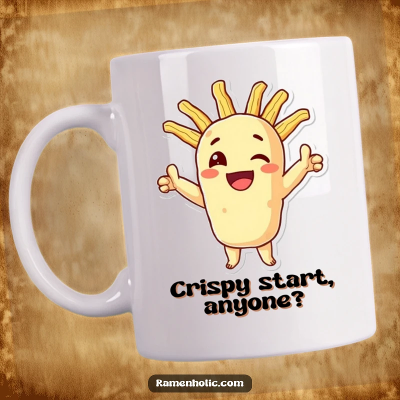 Funny tempura mug featuring a smiling character in a triumphant pose with crispy extensions, celebrating delicious victories.
