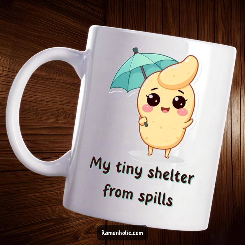Funny Tempura Mug: A cheerful tempura piece with a tiny umbrella, radiating happiness and ready for a drizzle.