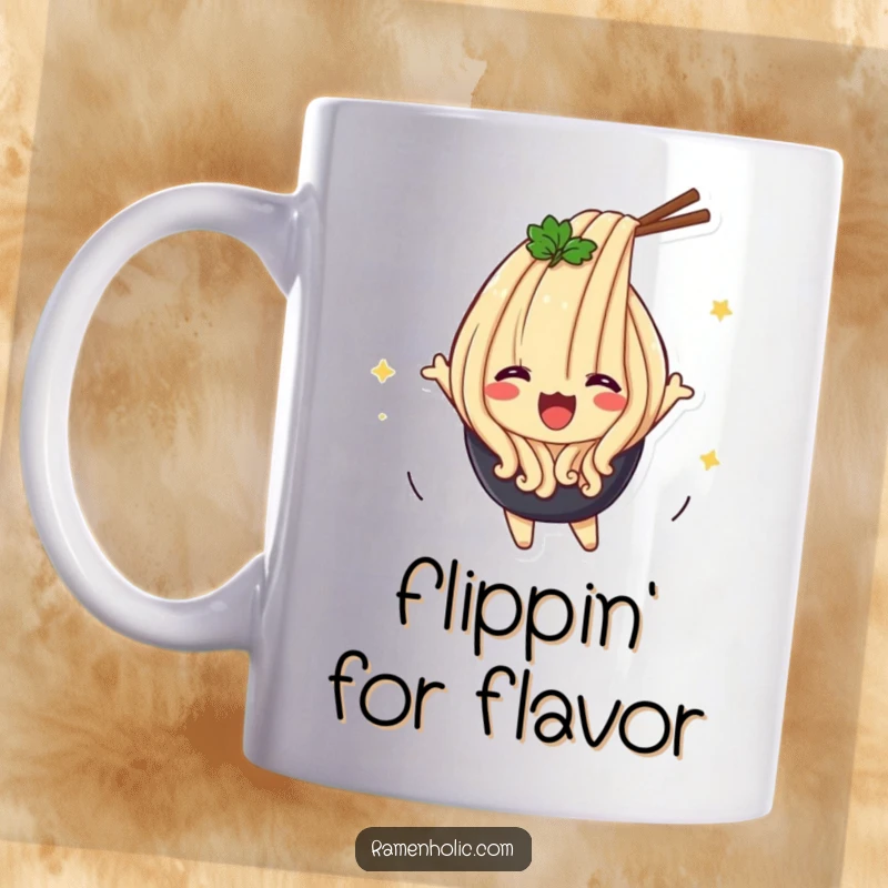 Funny Udon Flip Mug featuring a joyful udon noodle character performing an energetic flip with a delighted expression.