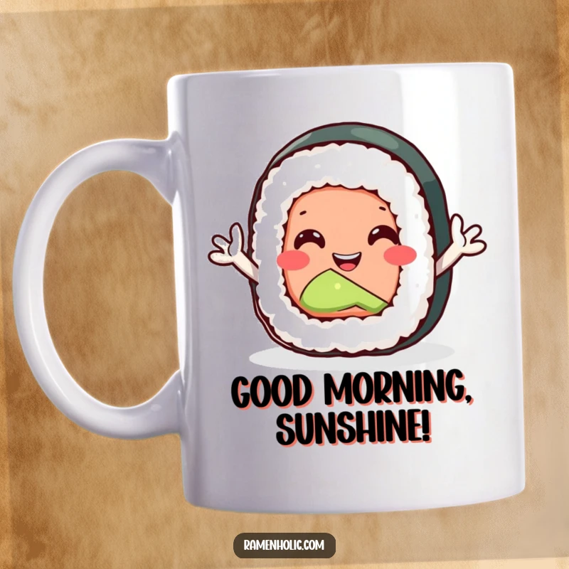 Funny sushi roll mug with tiny arms waving hello enthusiastically, bringing joy and smiles to your kitchen.