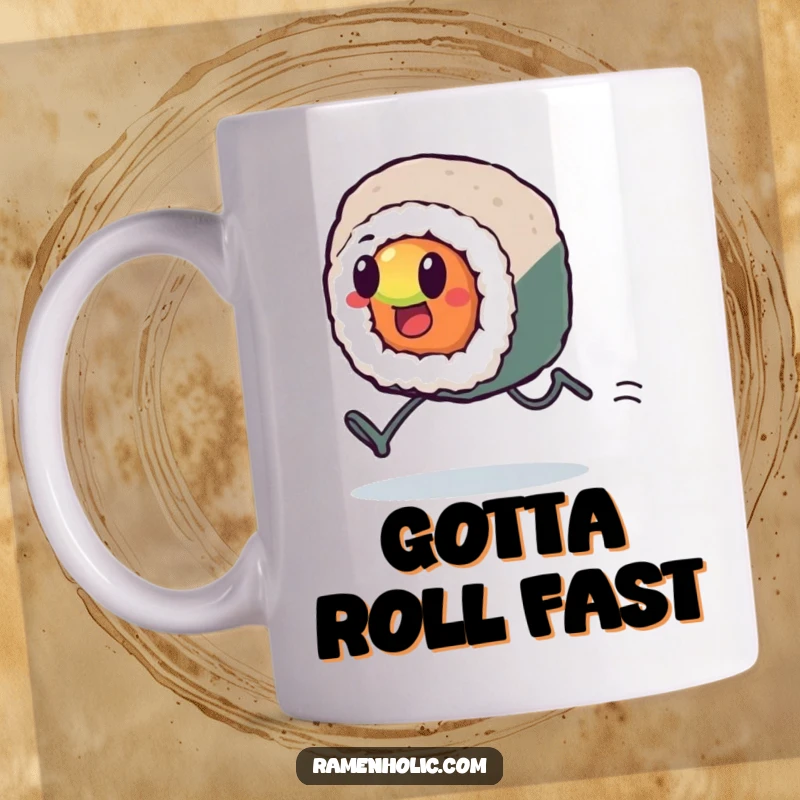 Funny Kawaii sushi roll with tiny legs, sprinting with all its might, sweat drops flying, determined expression, perfect funny gift.