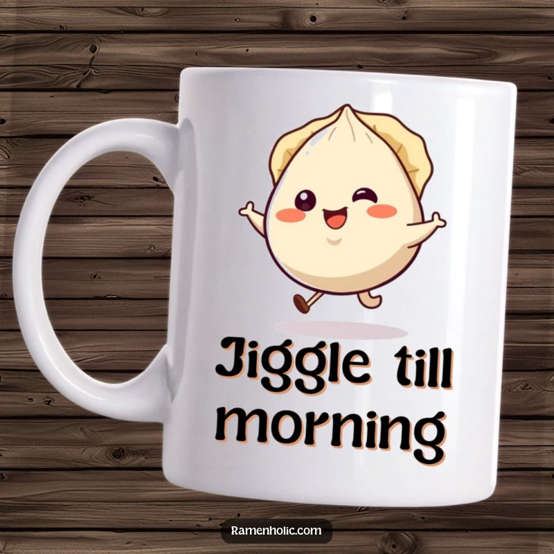 Funny smiling gyoza character doing a happy little hop, pleats jiggling, on a coffee mug.