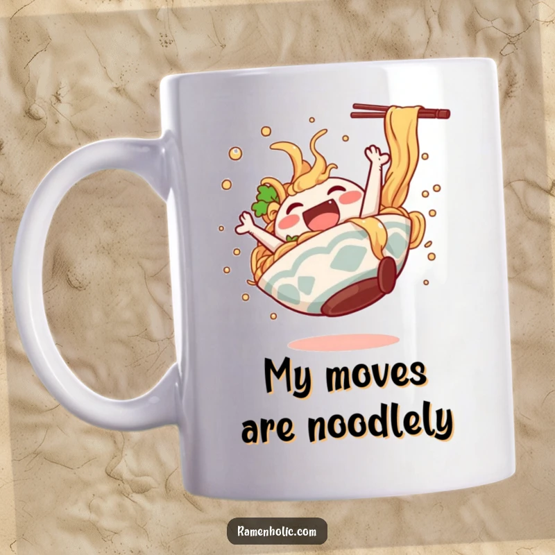 Funny ramen bowl character doing a happy somersault, broth splashing playfully on a coffee mug, perfect gift.