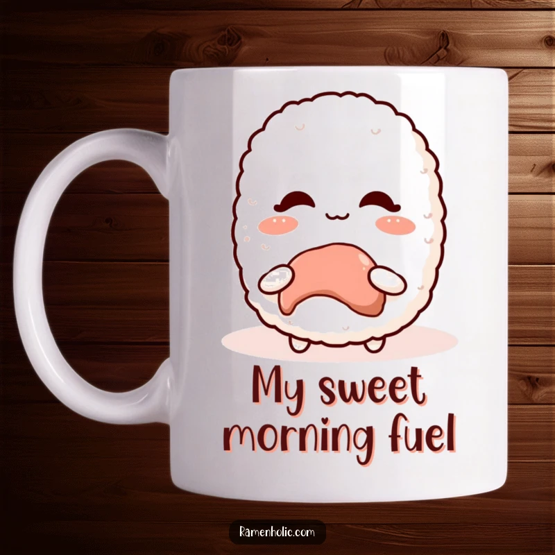 Funny Kawaii Rice Ball Mug blushing adorably while receiving a sweet treat, perfect for foodies and cute gift seekers.