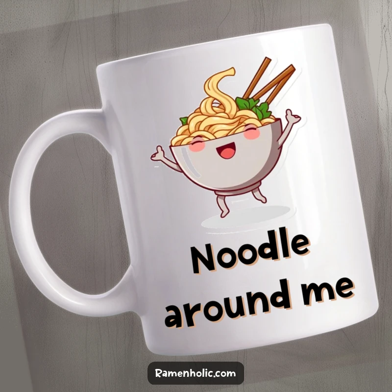 Funny mug featuring a smiling bowl of noodles doing a silly dance, with chopsticks waving like enthusiastic arms, pure cartoon food fun.