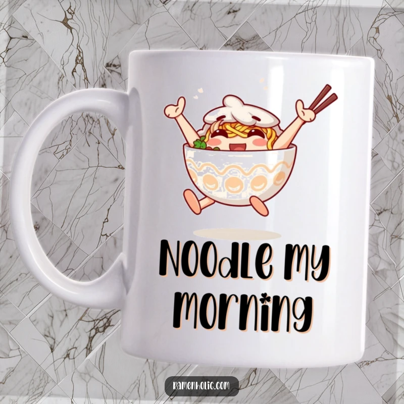 Funny Mug featuring an anthropomorphic ramen bowl character jumping with pure joy. Ideal funny gift.