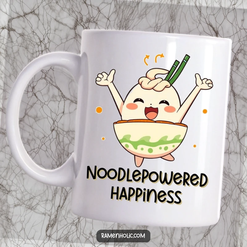 Funny mug featuring a joyful, anthropomorphic ramen bowl character mid-leap, noodles flying, embodying pure ecstatic delight and flavor.