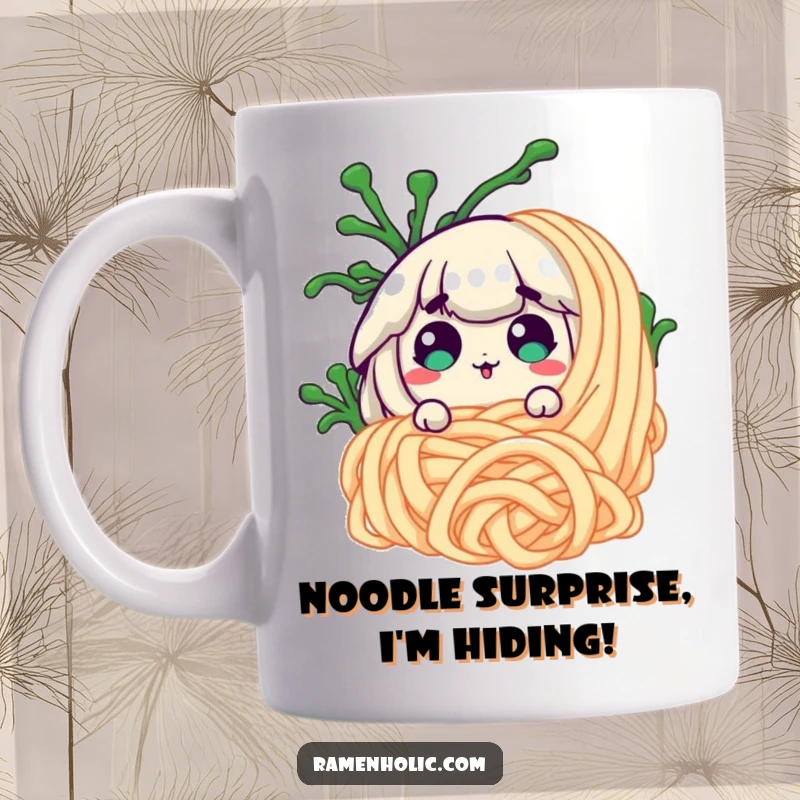 Funny surprised seaweed peeking from behind a giant noodle on a mug, showcasing a playful and unexpected food humor.