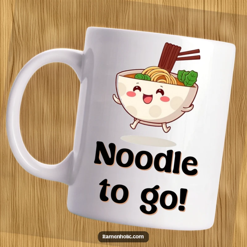 Funny ramen bowl with little stubby legs, depicted excitedly hopping forward with a cheerful expression.