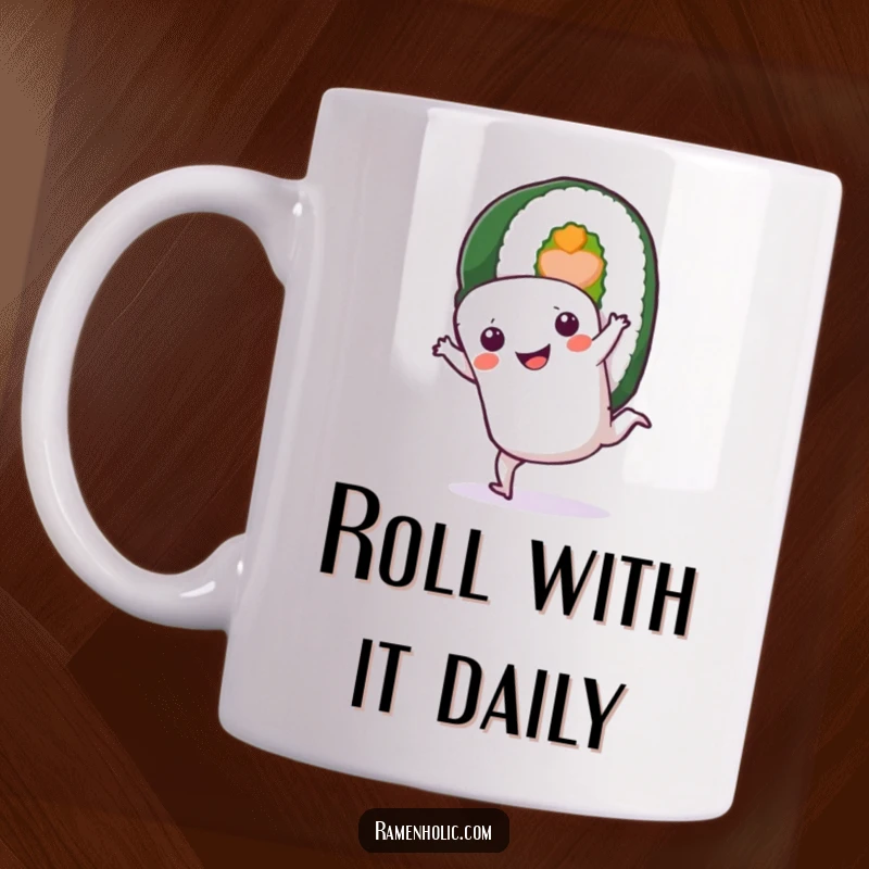 Funny Sushi Roll Mug: A smiling sushi character performing an energetic cartwheel, bringing joy and humor to your sips.