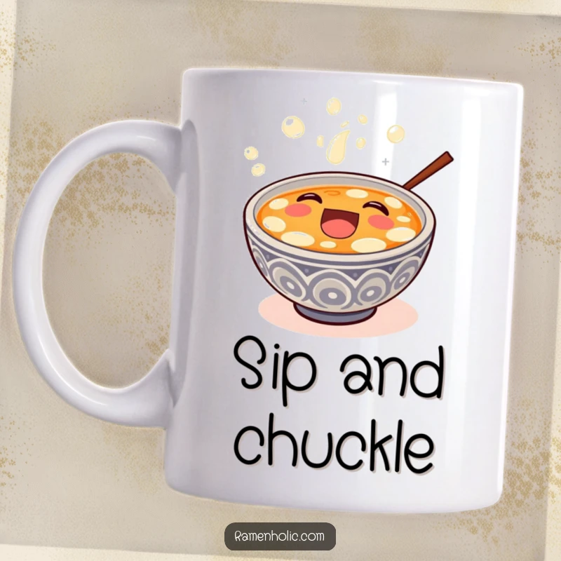 Funny happy miso soup bowl overflowing with bubbly laughter on a coffee mug, perfect gift.