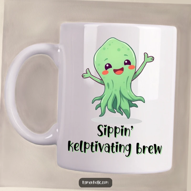 Funny mug depicting a lively green seaweed character joyfully dancing with a happy swish, embodying underwater merriment.
