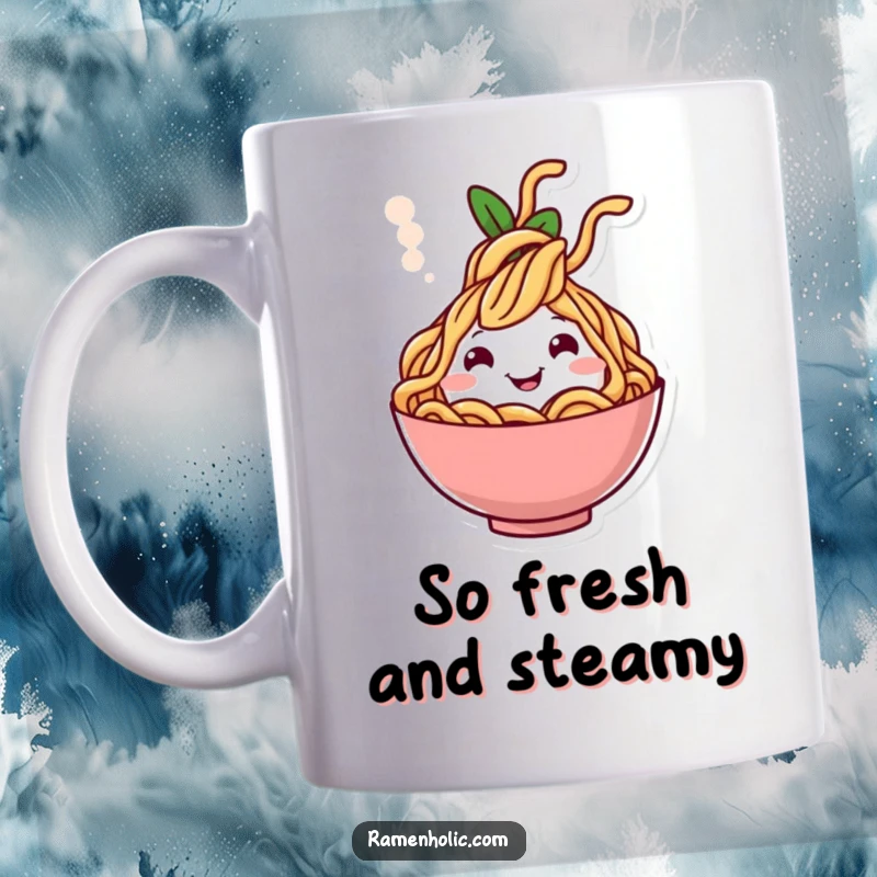 Funny mug featuring a cheerful noodle character emerging happily from a steam cloud, perfect for noodle enthusiasts.