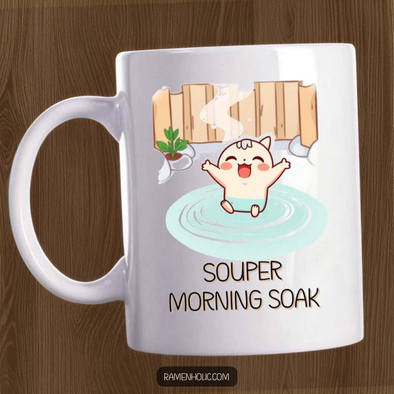 Funny mug with a kawaii miso soup character joyfully leaping into a steaming hot spring, embodying relaxation and happiness.