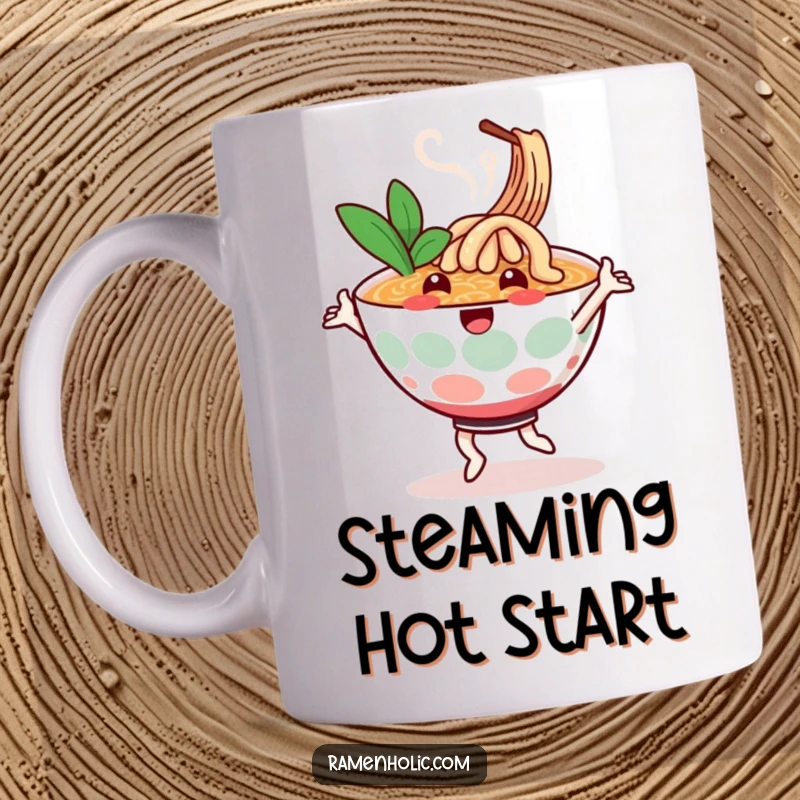 Funny mug featuring a cheerful ramen bowl character happily dancing, steam swirling, embodying warmth and delicious fun.