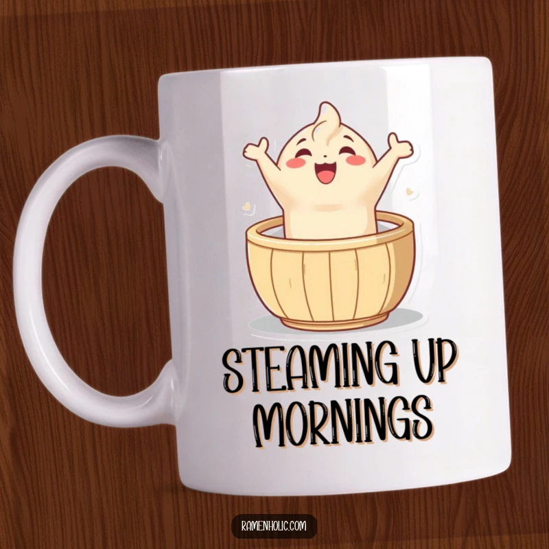 Funny joyful dumpling mug, a happy character leaping energetically from a steamer basket, full of excitement.