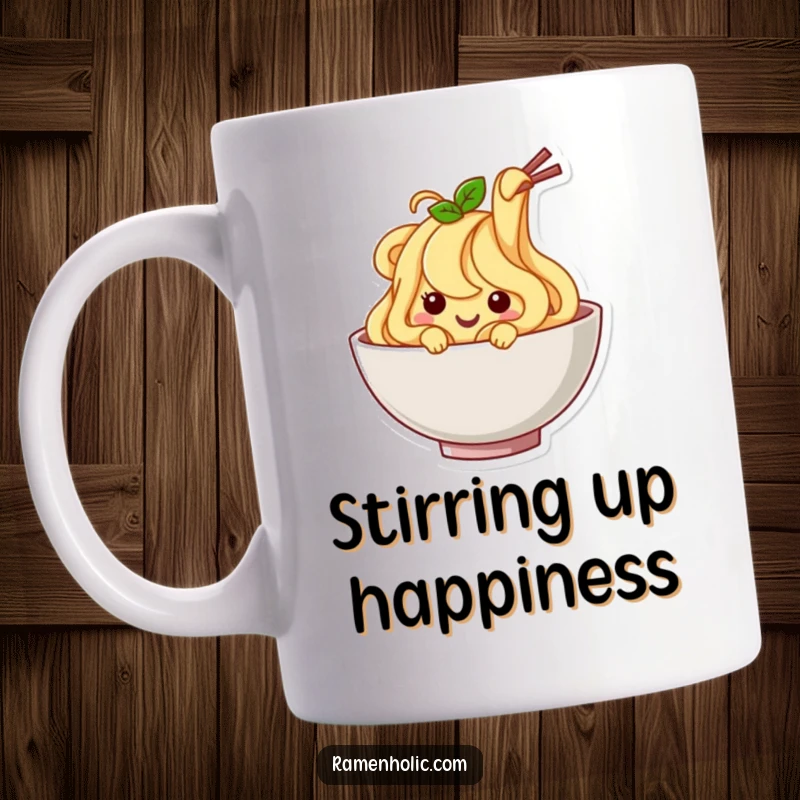Funny Noodle Mug: A happy noodle character wiggling cheerfully in a bowl, bringing joy and humor to your sips.